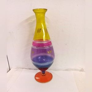 Vintage Vase Floral Handpainted Colorful  Glass ,Stemmed 12" Rare Unique